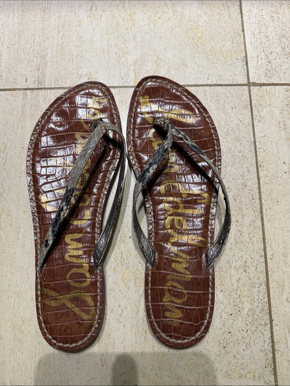 Sam Edelman Women’s Brown Croc-Texture Flip Flop Sandals with Snake Print Straps